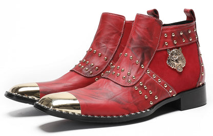 Mens Casual Dress Red Gold Tiger Head Metal Square Toe Western Boots
