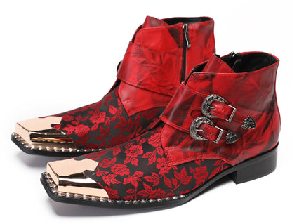 Mens Party Red Dress Metal Square Toe Floral Buckle Western Boots
