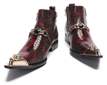 Mens Party Red Dress Casual Bead Double Zippers Ankle Western Boots
