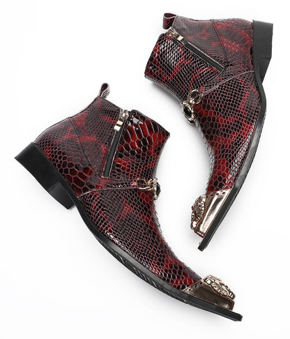 Mens Party Red Dress Casual Bead Double Zippers Ankle Western Boots