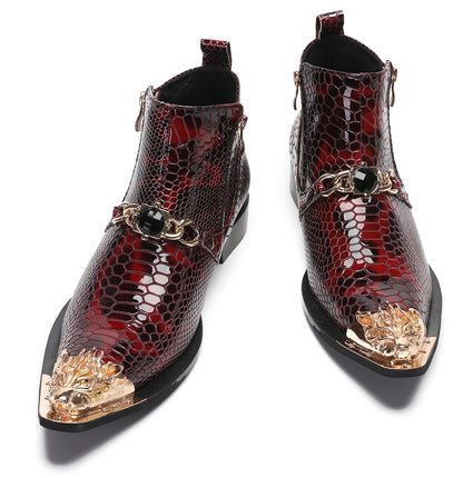 Mens Party Red Dress Casual Bead Double Zippers Ankle Western Boots