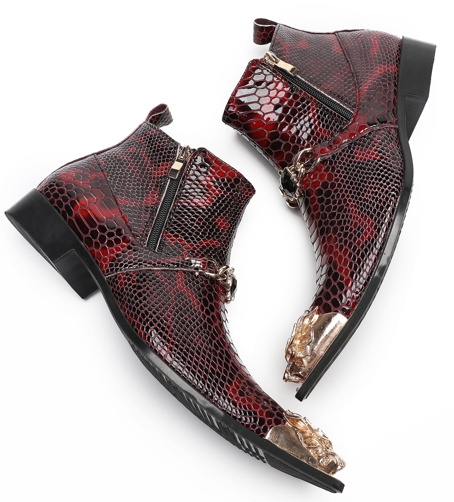 Mens Party Red Dress Casual Bead Double Zippers Ankle Western Boots