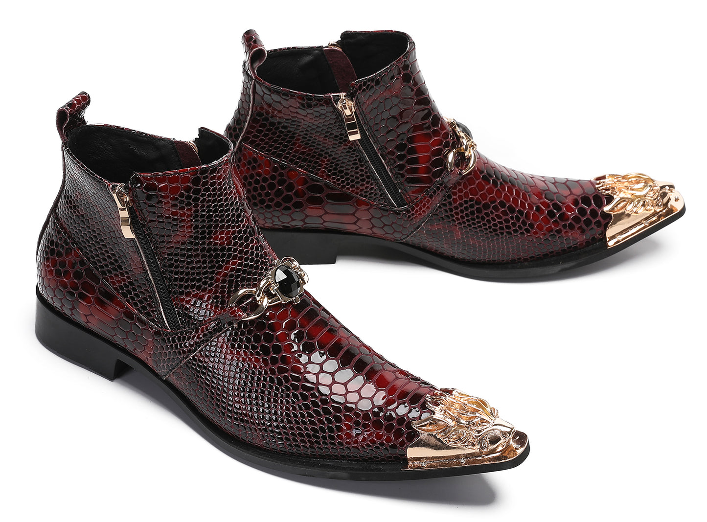 Mens Party Red Dress Casual Bead Double Zippers Ankle Western Boots