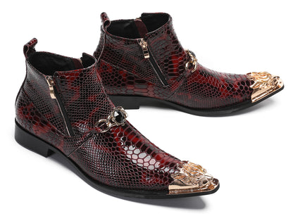 Mens Party Red Dress Casual Bead Double Zippers Ankle Western Boots