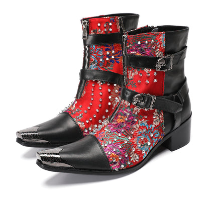 Mens Punk Red Embroidered Flora Cowboy Western Boots