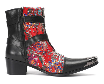 Mens Punk Red Embroidered Flora Cowboy Western Boots