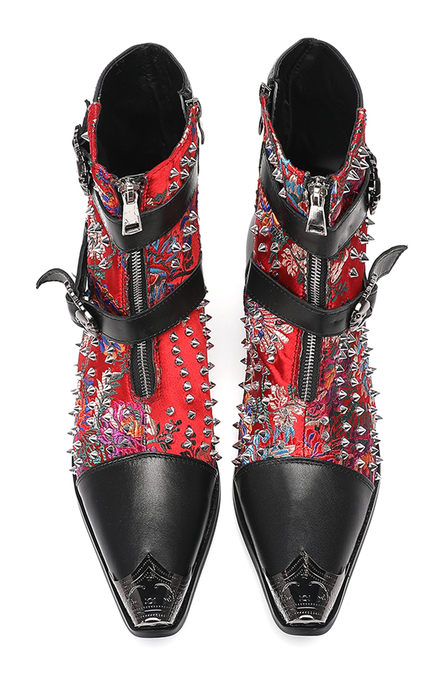 Mens Punk Red Embroidered Flora Cowboy Western Boots
