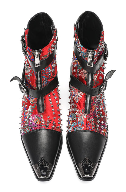 Mens Punk Red Embroidered Flora Cowboy Western Boots