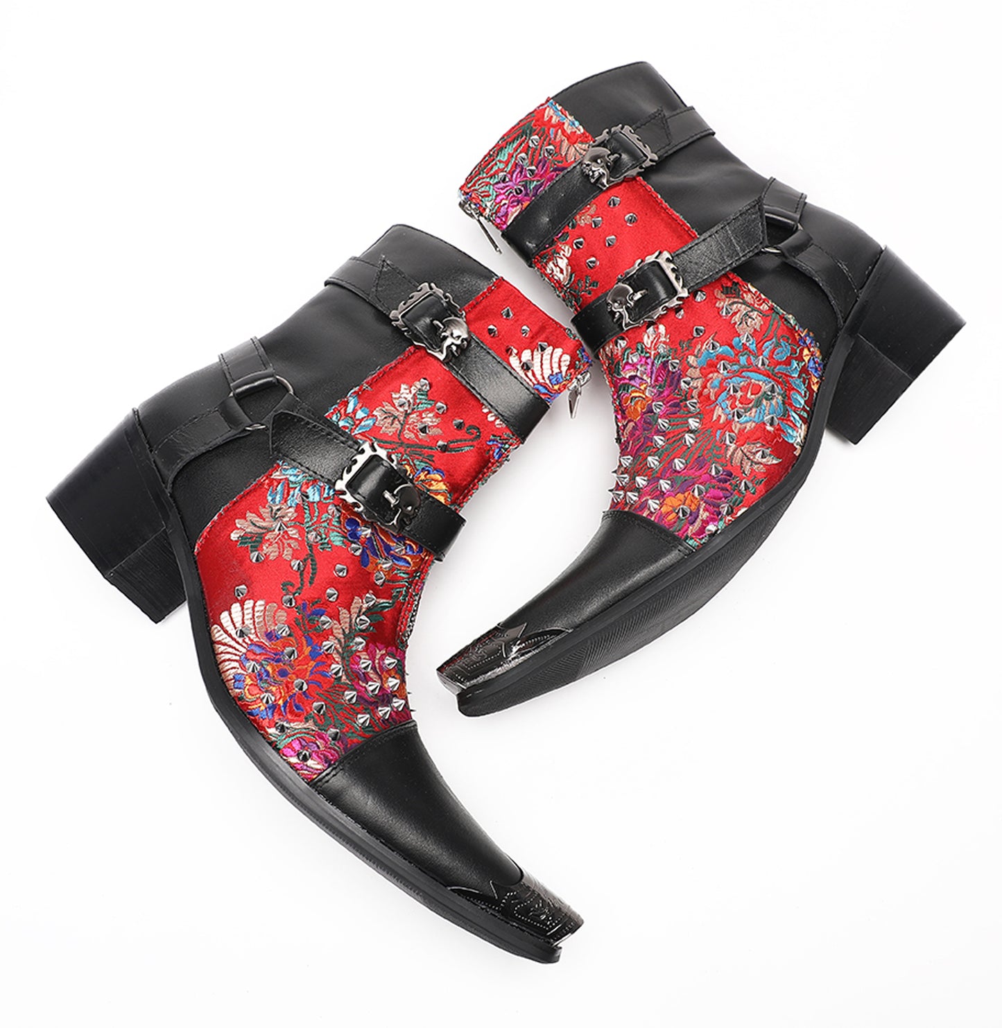 Mens Punk Red Embroidered Flora Cowboy Western Boots