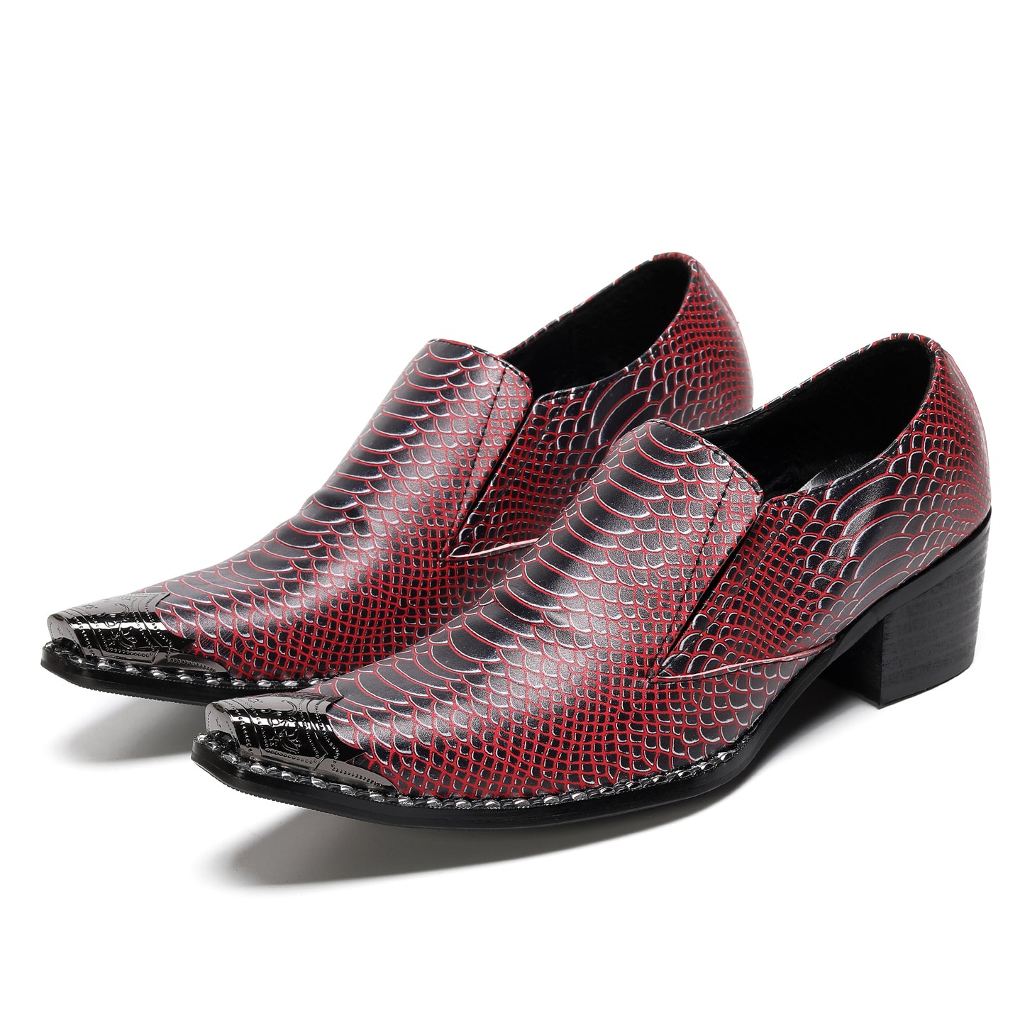 Mens Top-Grain Leather Metal Pointed Toe Two-Ton Western Loafers