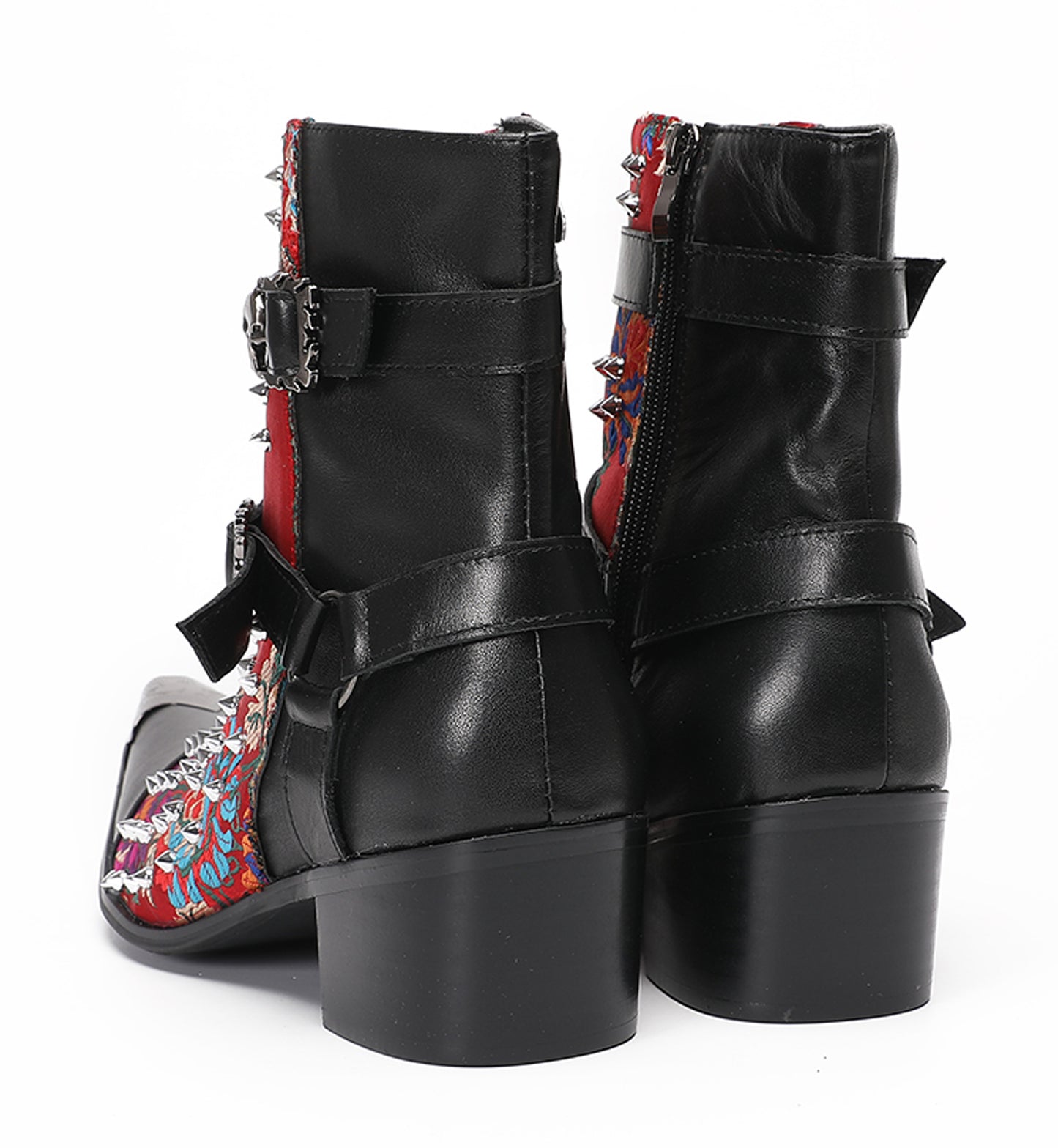 Mens Punk Red Embroidered Flora Cowboy Western Boots