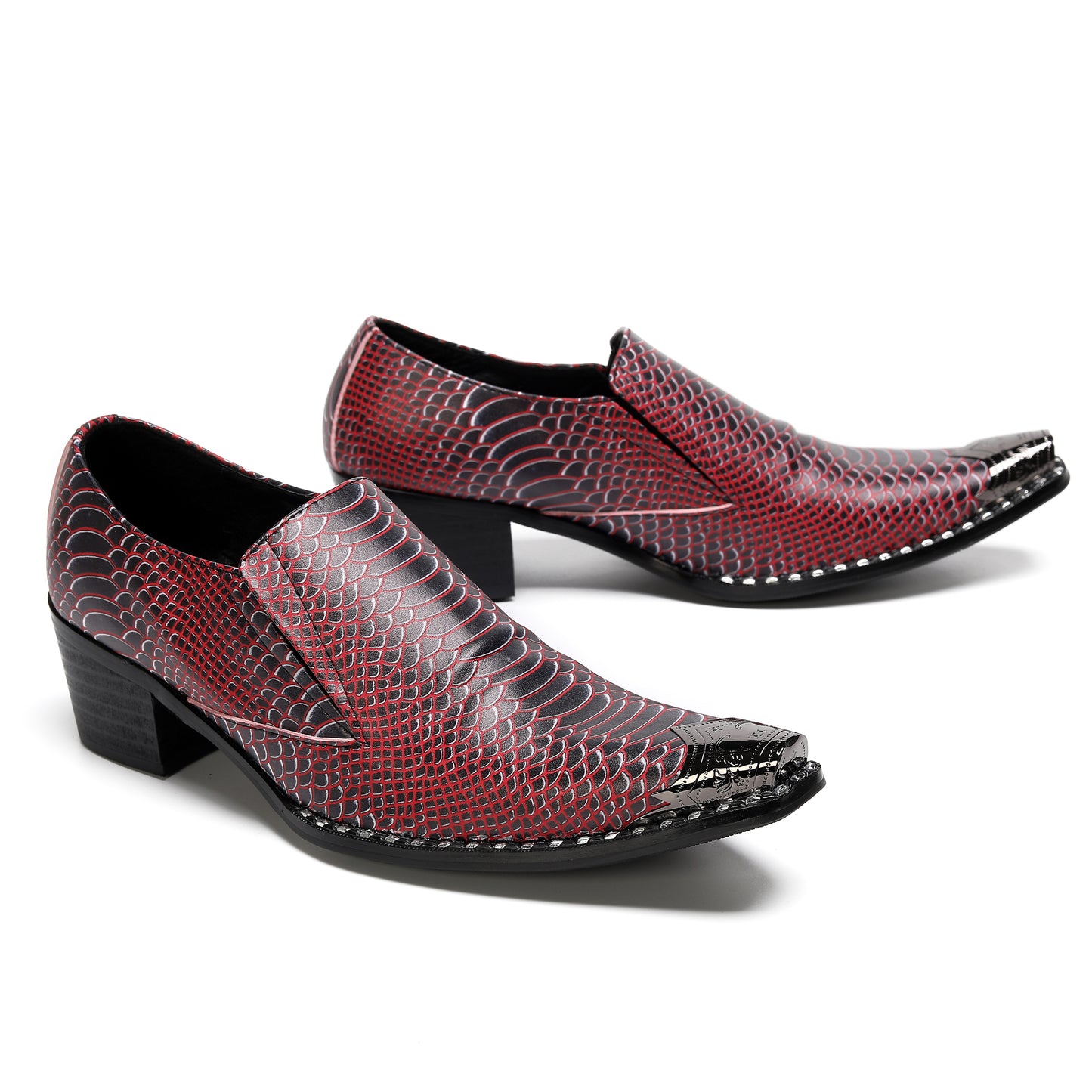 Mens Top-Grain Leather Metal Pointed Toe Two-Ton Western Loafers