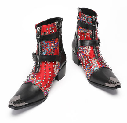 Mens Punk Red Embroidered Flora Cowboy Western Boots