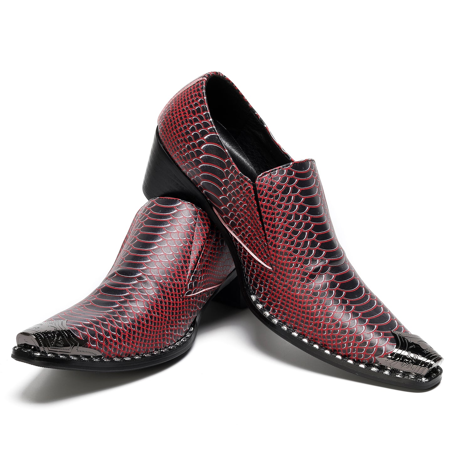 Mens Top-Grain Leather Metal Pointed Toe Two-Ton Western Loafers