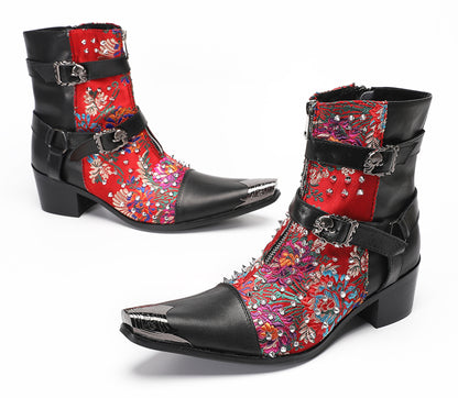 Mens Punk Red Embroidered Flora Cowboy Western Boots