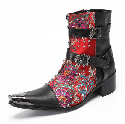 Mens Punk Red Embroidered Flora Cowboy Western Boots