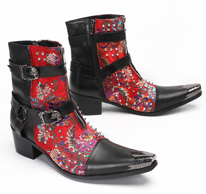 Mens Punk Red Embroidered Flora Cowboy Western Boots