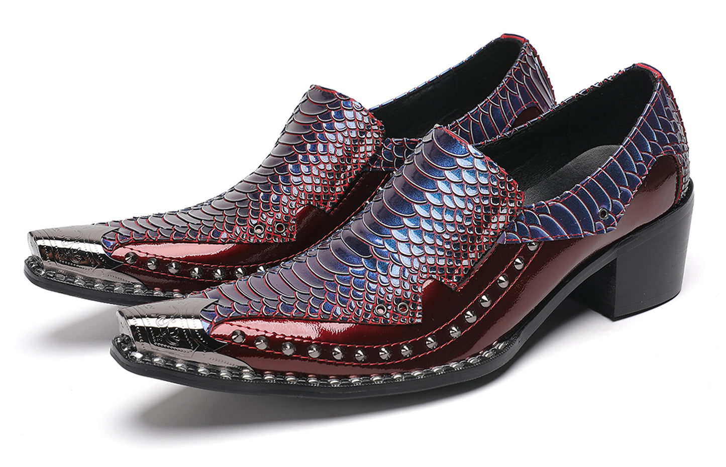 Mens Metal Pointed Toe Studded Detail Chunky Heel Western Loafers