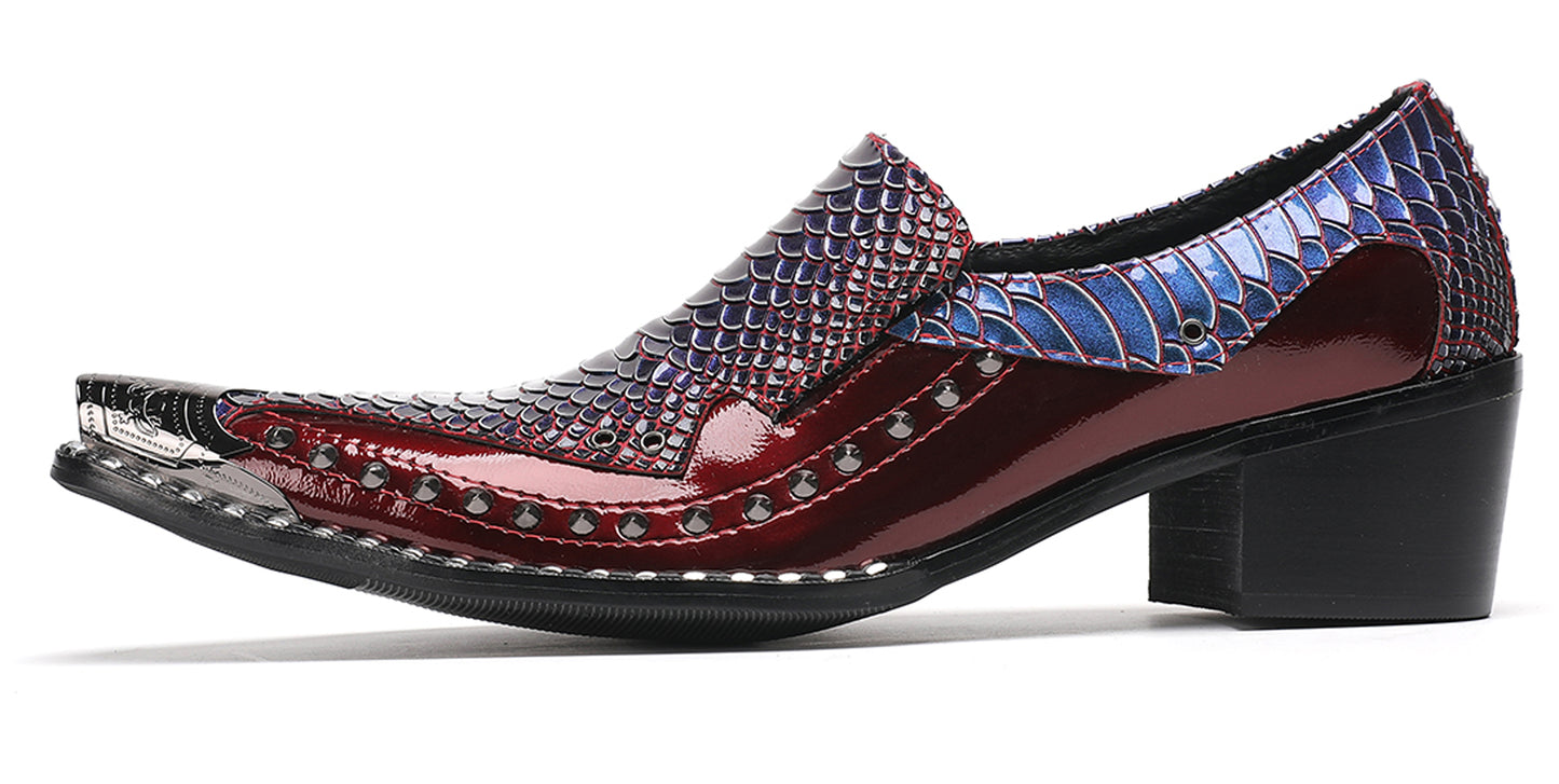 Mens Metal Pointed Toe Studded Detail Chunky Heel Western Loafers