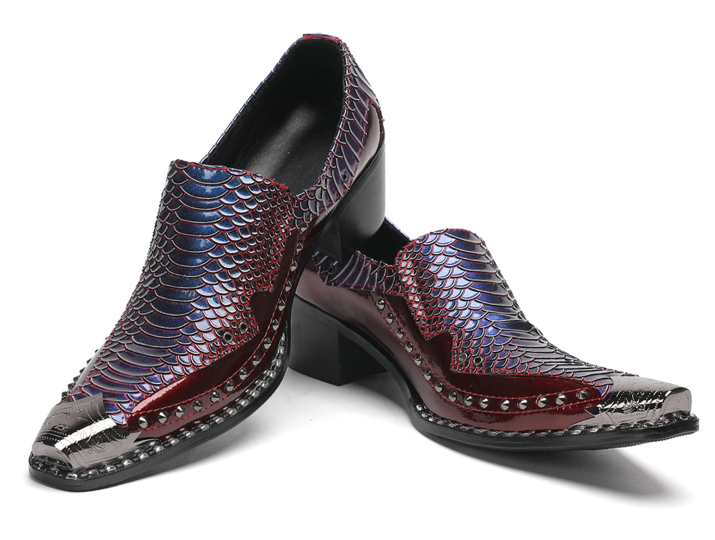 Mens Metal Pointed Toe Studded Detail Chunky Heel Western Loafers