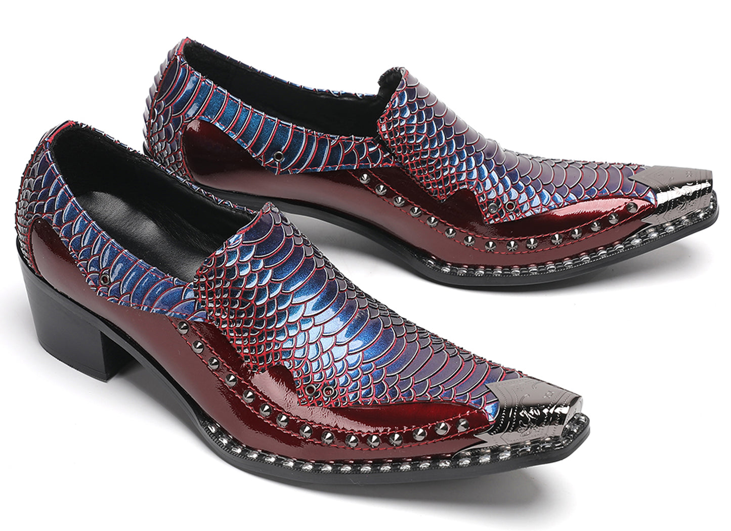 Mens Metal Pointed Toe Studded Detail Chunky Heel Western Loafers