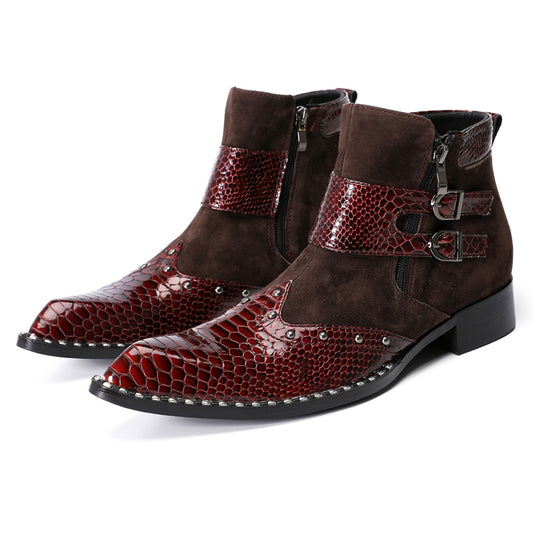 Mens Crocodile Embossed Leather Buckle Zip Ankle Boots