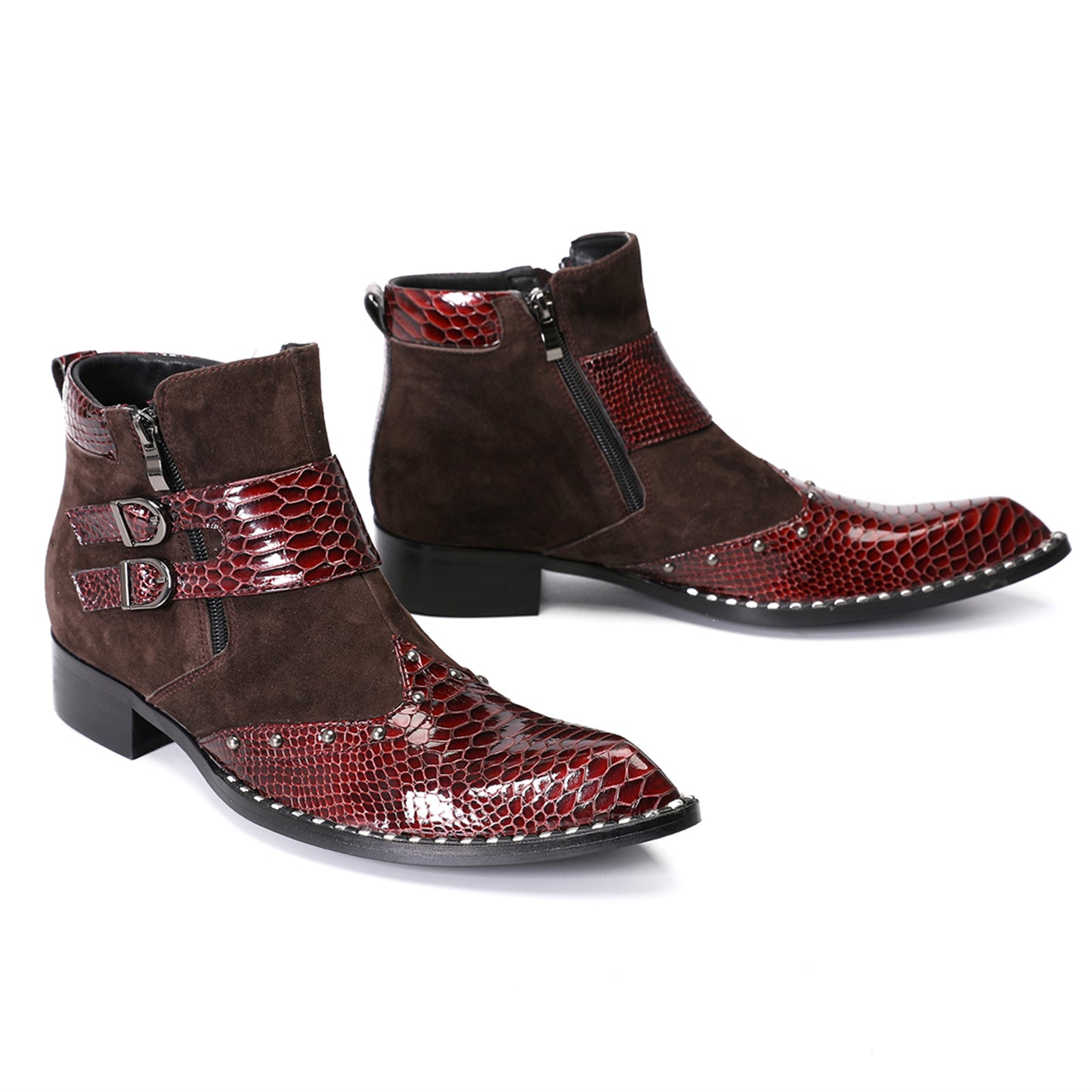 Mens Crocodile Embossed Leather Buckle Zip Ankle Boots
