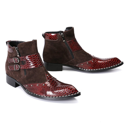 Mens Crocodile Embossed Leather Buckle Zip Ankle Boots