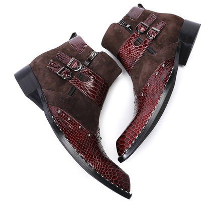 Mens Crocodile Embossed Leather Buckle Zip Ankle Boots