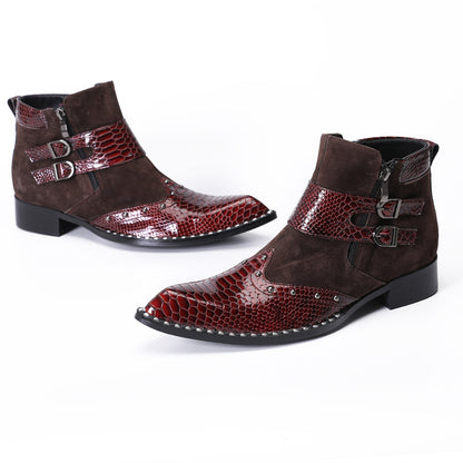 Mens Crocodile Embossed Leather Buckle Zip Ankle Boots