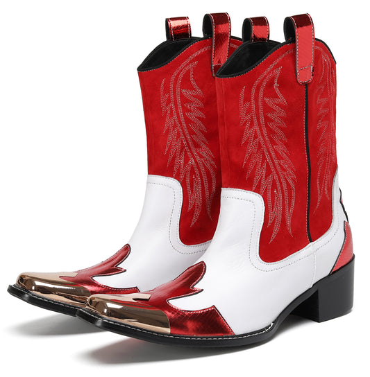 Mens Red-White Design Pull On Western Cowboy Boots