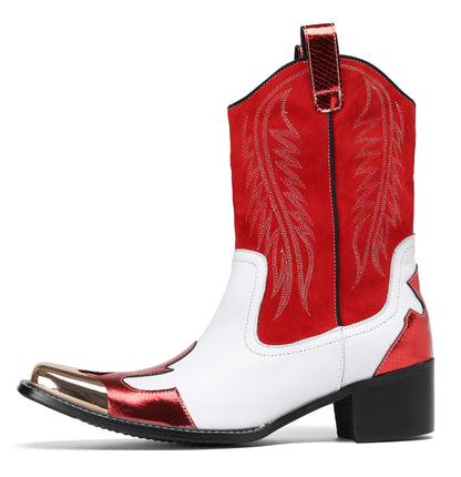 Mens Red-White Design Pull On Cowboy Western Boots
