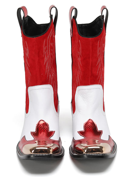 Mens Red-White Design Pull On Cowboy Western Boots