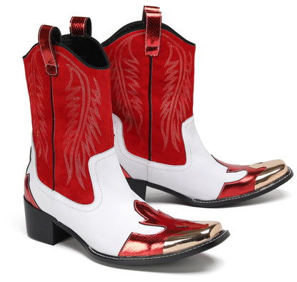 Mens Red-White Design Pull On Cowboy Western Boots