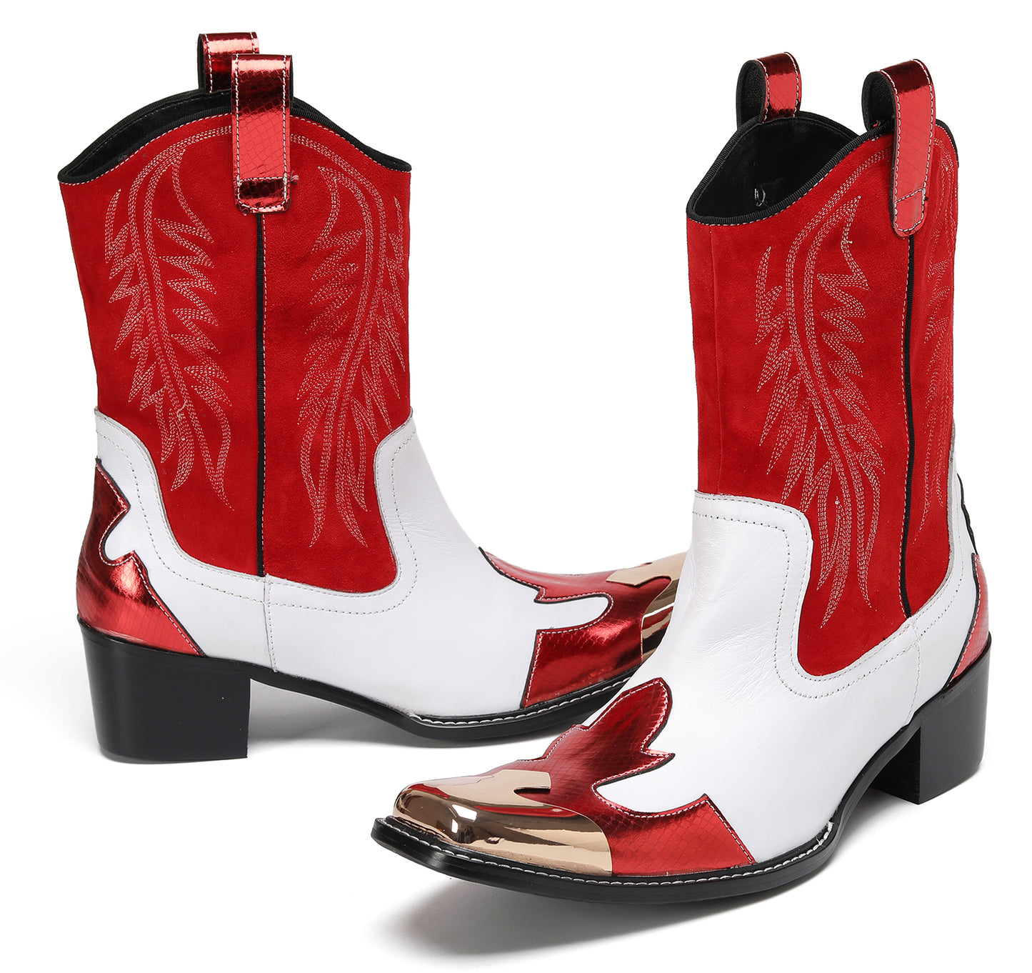 Mens Red-White Design Pull On Cowboy Western Boots