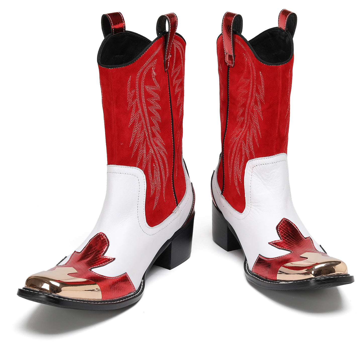 Mens Red-White Design Pull On Cowboy Western Boots