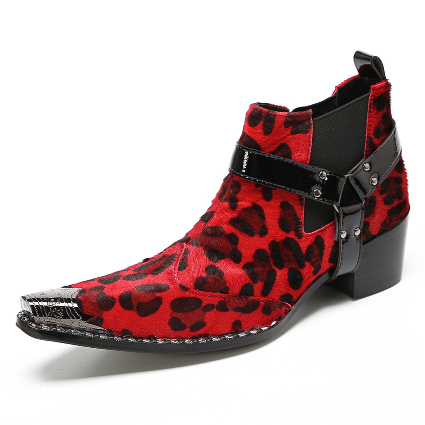 Mens Red Leopard Print & Harness Strap Western Chelsea Boots
