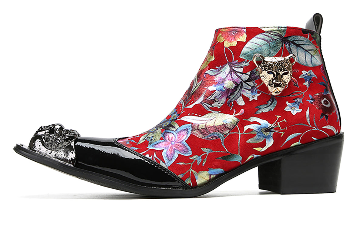 Mens Genuine Leather Lion Head Zipper Metal-Wingtip Ankle Western Boots