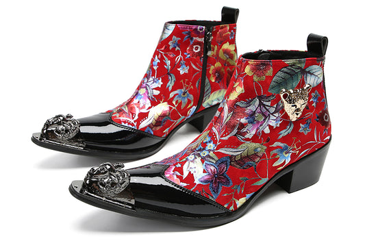 Mens Genuine Leather Lion Head Zipper Metal-Wingtip Ankle Western Boots