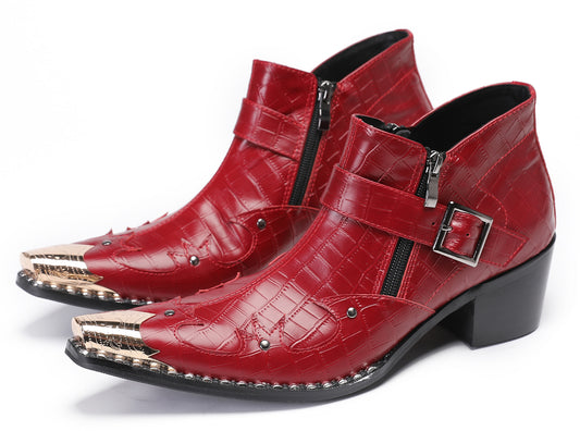 Mens Snakeskin Texture Metal Toe Double Zipper Ankle Western Boots