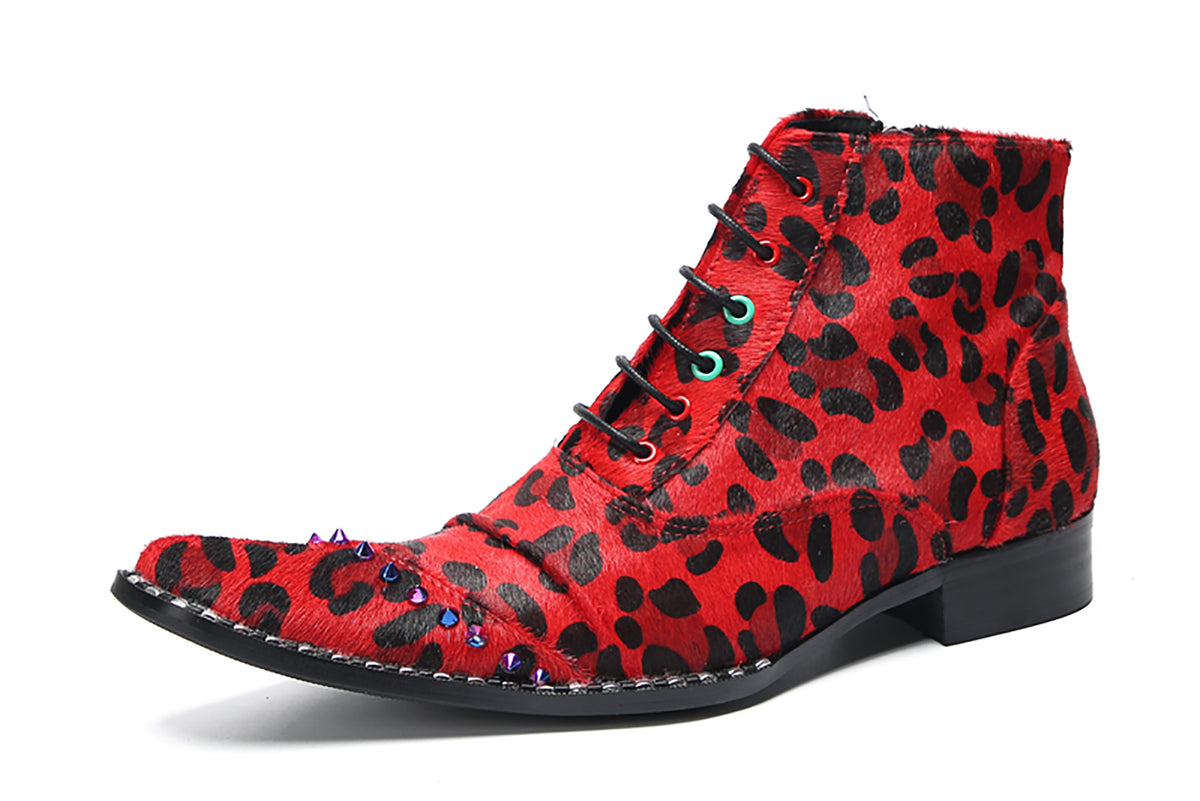 Mens Suede Red Leopard Prin Studded Ankle Western Oxfords Boots