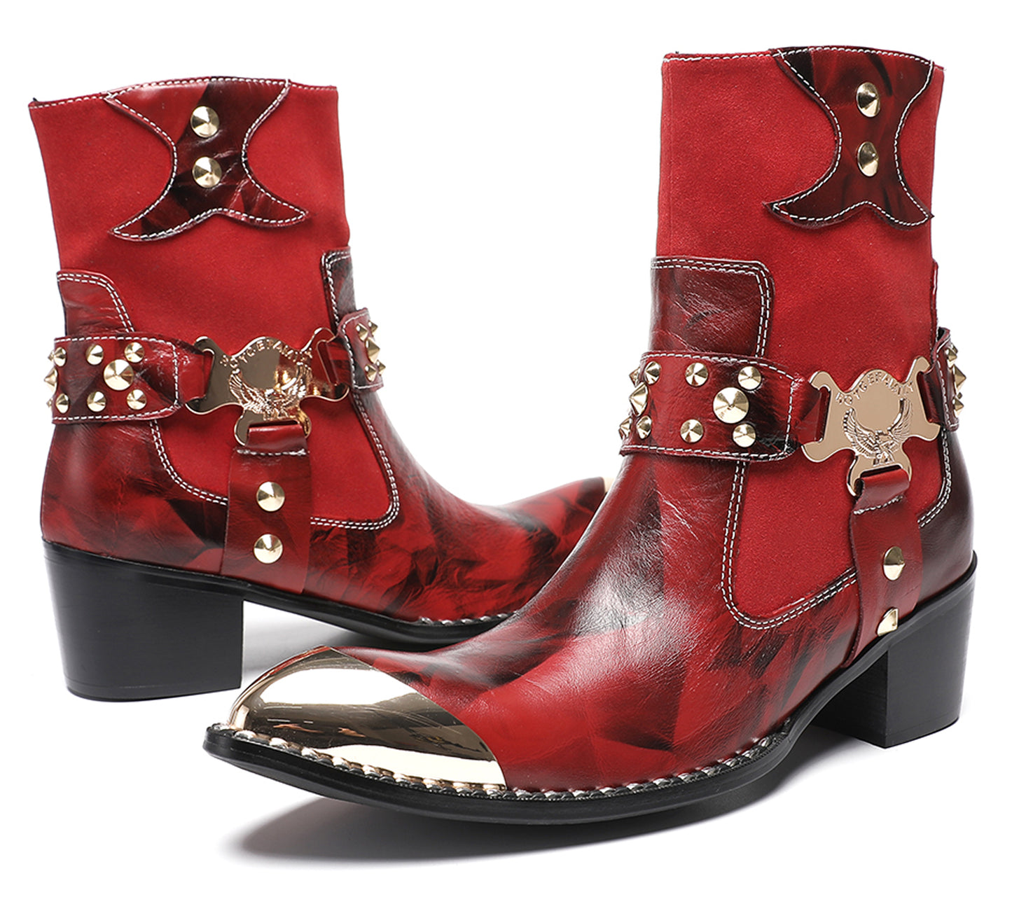 Mens Top-Grain Leather Studded Skull Buckle Punk Cowboy Western Boots