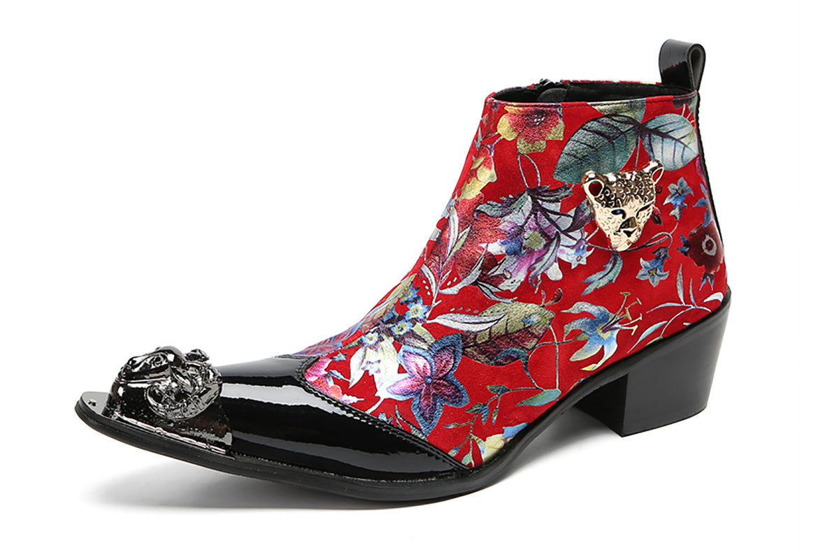 Mens Genuine Leather Lion Head Zipper Metal-Wingtip Ankle Western Boots