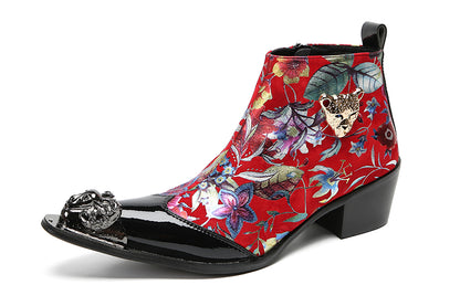 Mens Genuine Leather Lion Head Zipper Metal-Wingtip Ankle Western Boots
