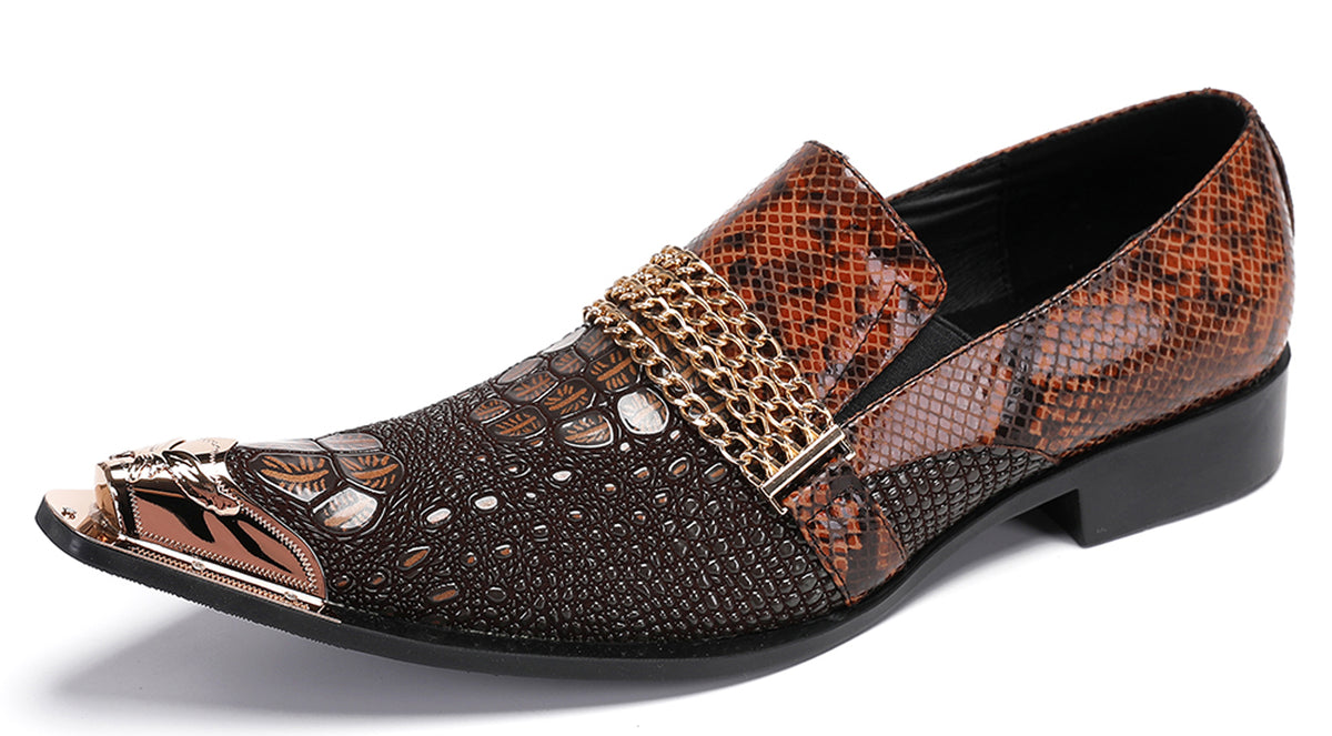 Mens Gold Chain Sparkling Party Disco Metallic Tip Western Loafers
