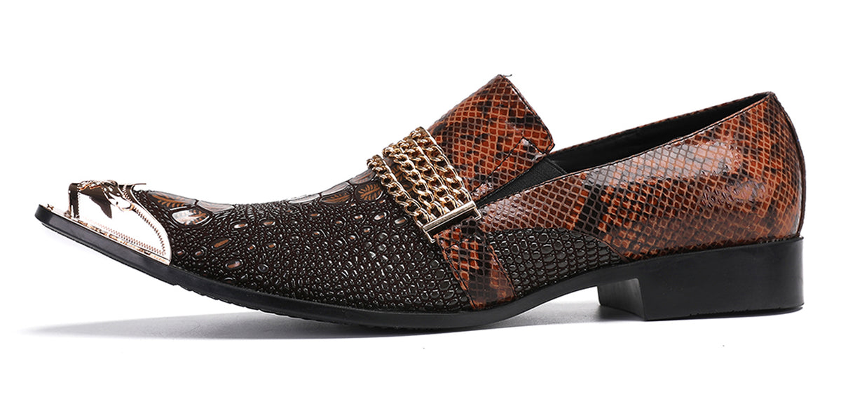 Mens Gold Chain Sparkling Party Disco Metallic Tip Western Loafers