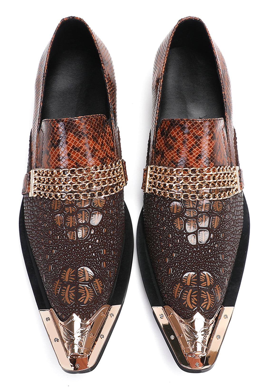 Mens Gold Chain Sparkling Party Disco Metallic Tip Western Loafers