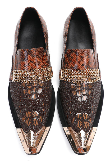 Mens Gold Chain Sparkling Party Disco Metallic Tip Western Loafers