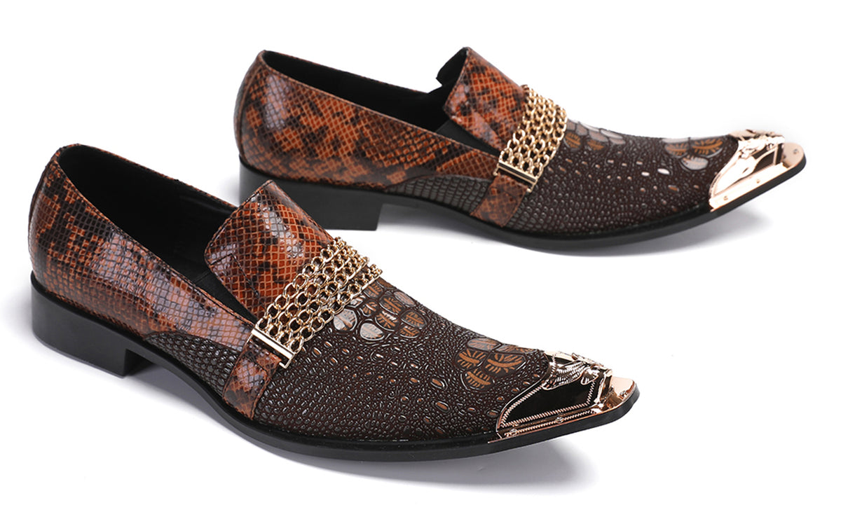 Mens Gold Chain Sparkling Party Disco Metallic Tip Western Loafers
