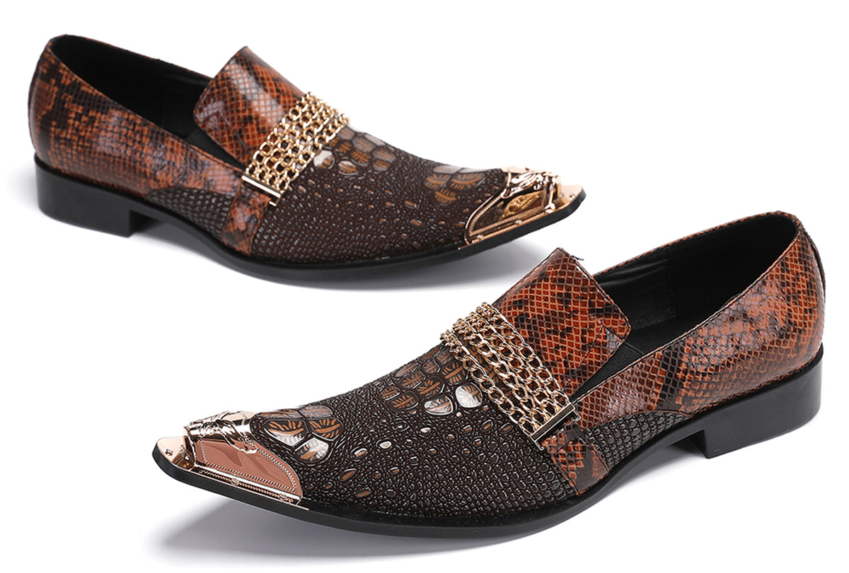 Mens Gold Chain Sparkling Party Disco Metallic Tip Western Loafers